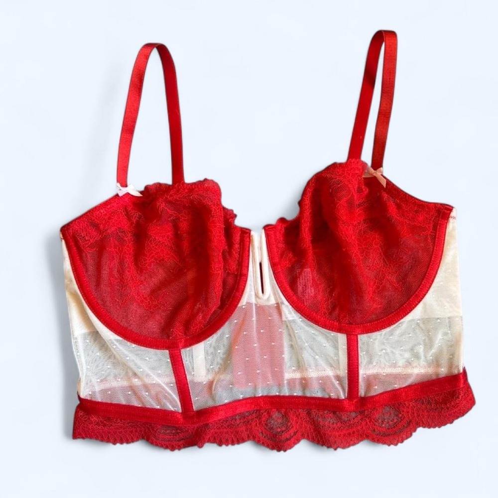 Auden red lace corset bra w white polka dot mesh, bows & red lace trim size: XL